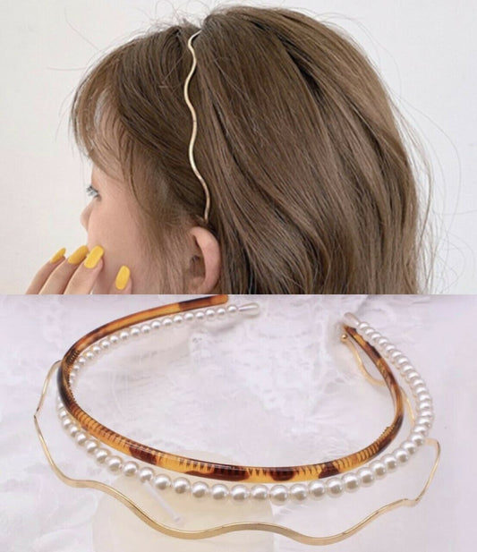 3 SET Alice Bands Headband Leopard Print Faux Pearl Slim Gold Wavy Hair Band