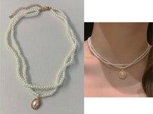Load image into Gallery viewer, 20s Gatsby Gold Tone Faux Pearl Double Layer Oval Choker Pendant Necklace Chain