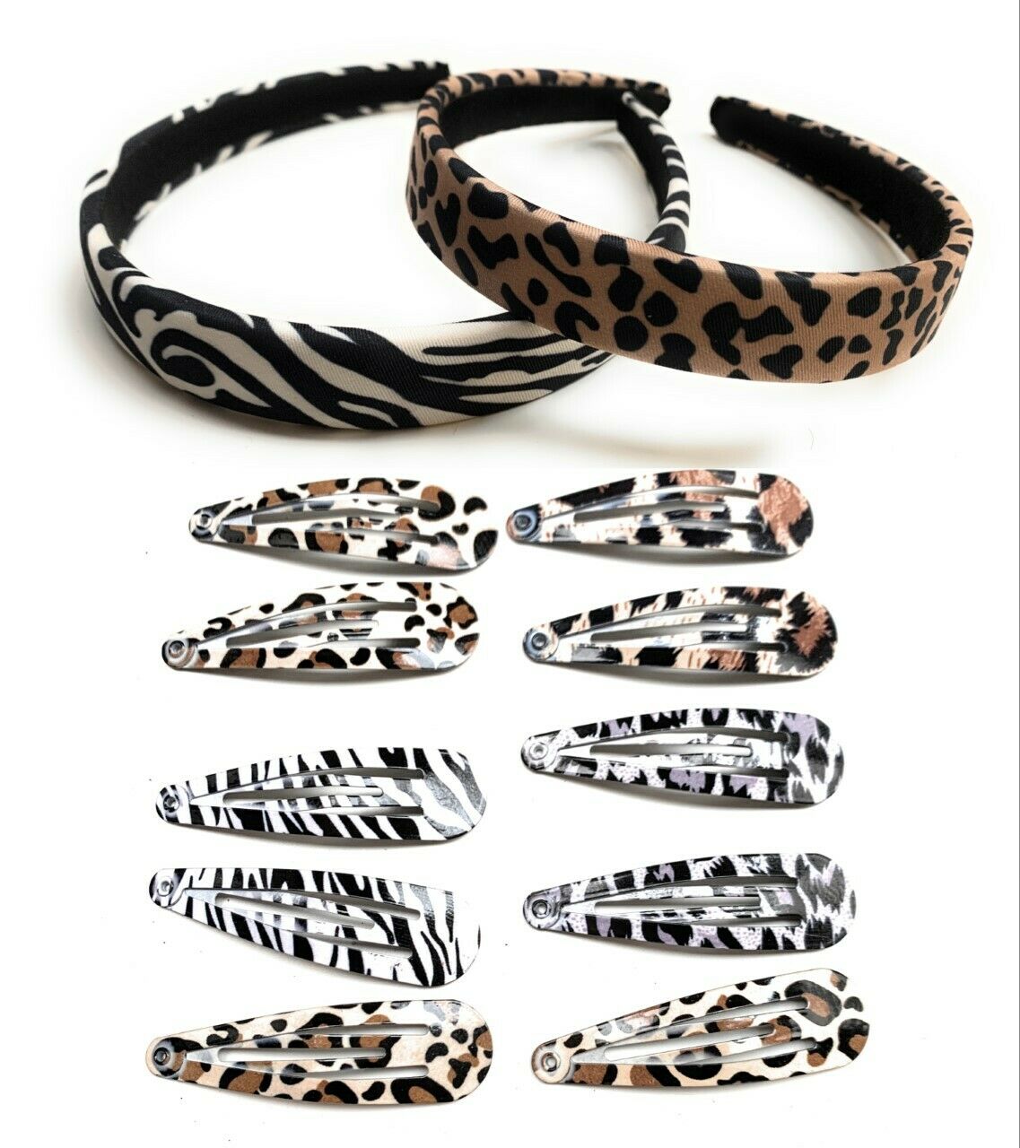 Ladies Girls Leopard Print Zebra Stripes HEADBAND Hair Spring Snap Clips Set UK