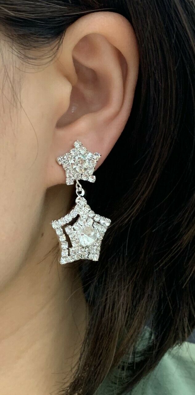 Silver Diamante Star Drop Dangle Clip On Earrings Crystal Bridal Non Pierced