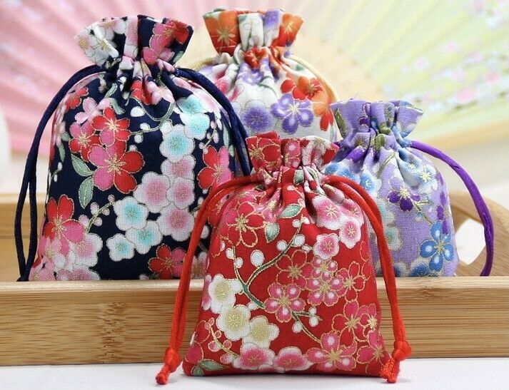 4 x Japanese Sakura Jewellery Drawstring Wedding Favour Pouches Gift Bags Set UK