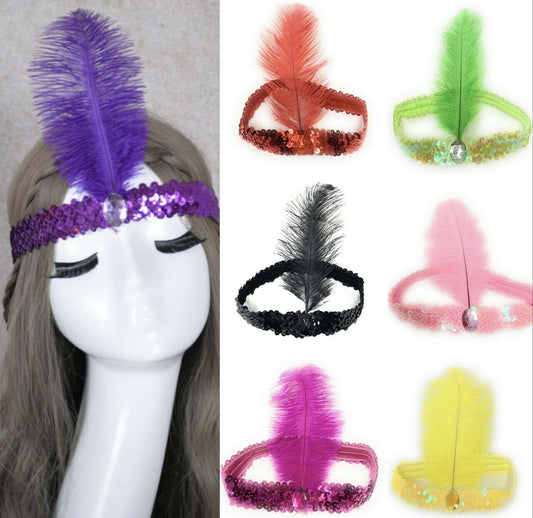 20s Sequin Feather Headband Fancy Dress Charleston Brow Band Gatsby Flapper UK