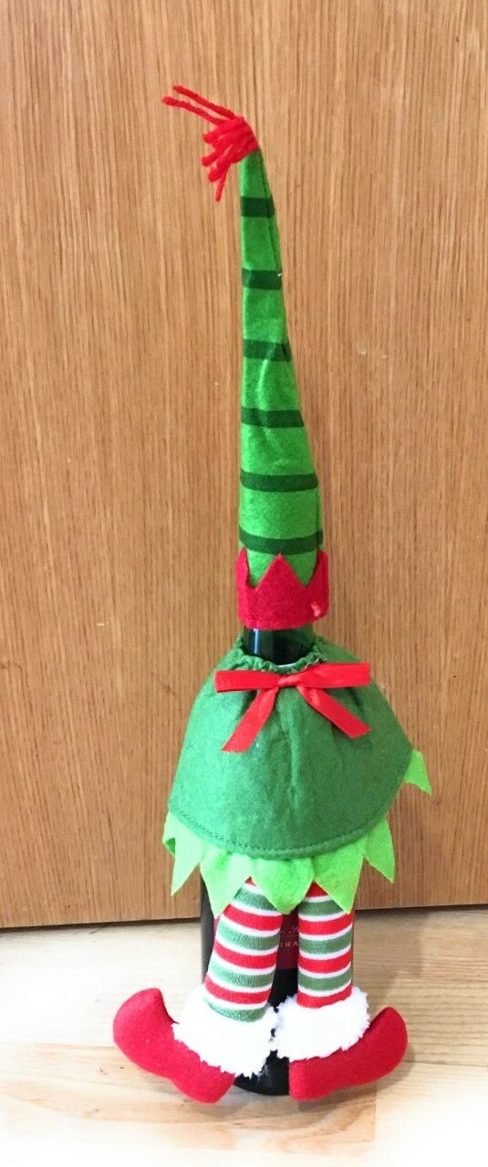 Novelty Christmas Green Elf Outfit as Wine Bottle Cover - Xmas Table Decorations