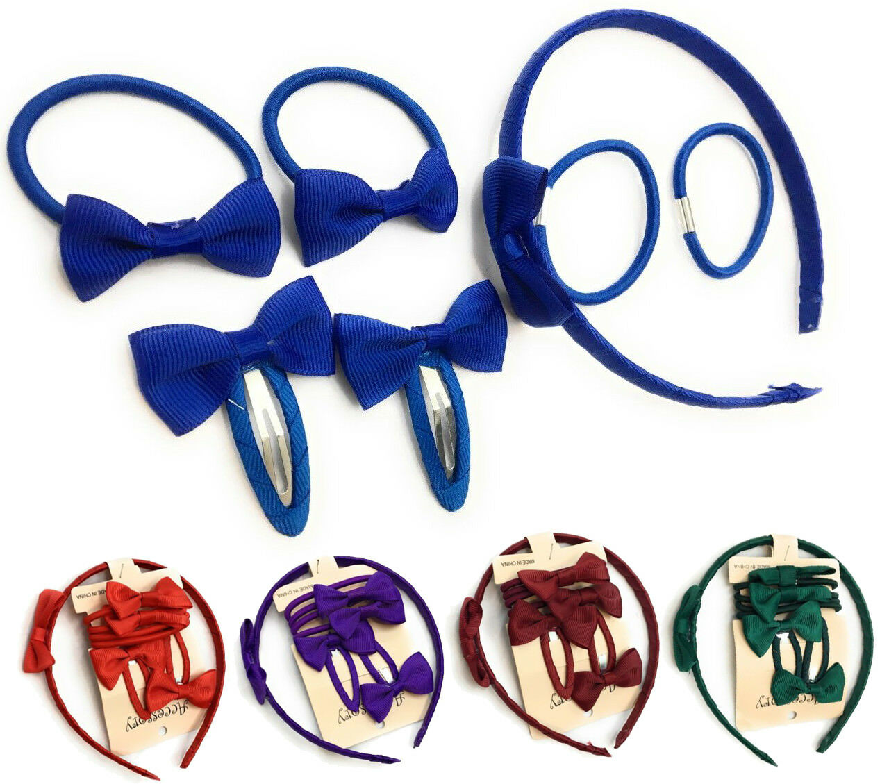 7 PIECE SCHOOL COLOURS Hair Bow Snap Clips SET ALICE BAND Headband PonyTail