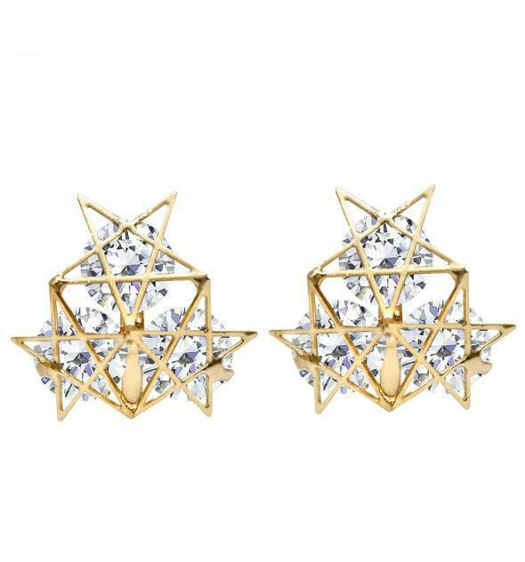 Womens Girls Star Cluster Shiny Zircon Crystal Gold CLIP ON Earrings Stud Studs