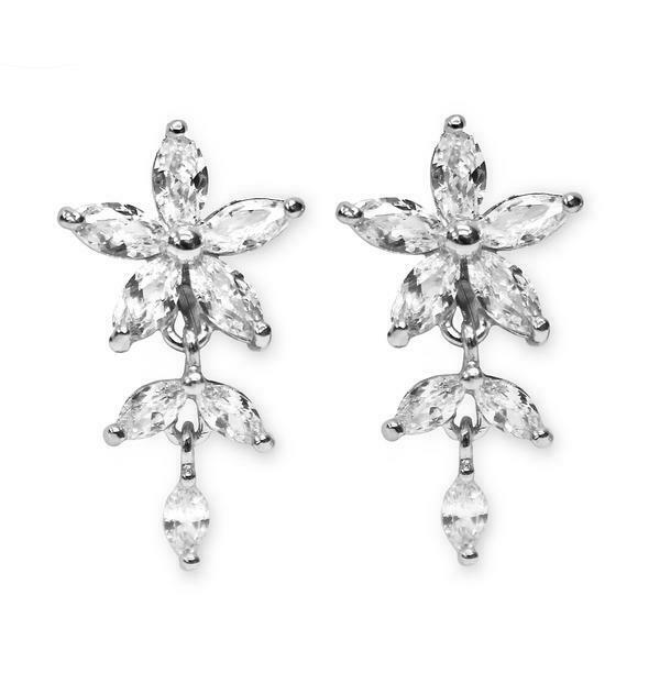 Silver Flower Zircon Crystal Drop Dangle Clip On Earrings Bridal Non Pierced UK