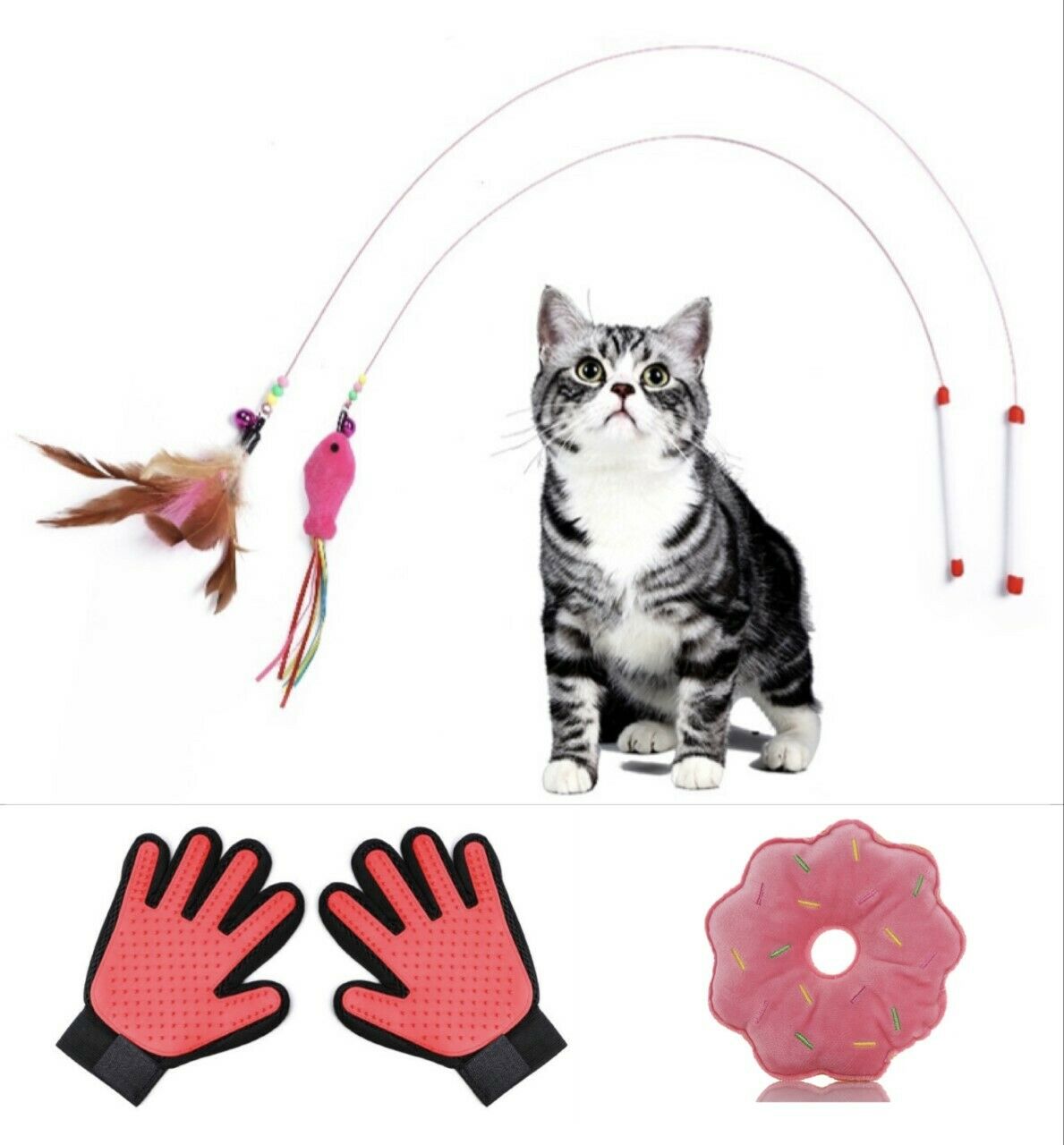 Cat Toy Set - 2 x Fish Feather Wand Pet Grooming Gloves Donut Plush Soft Toys UK