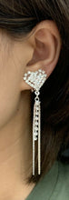 Load image into Gallery viewer, Silver Heart Diamante Long Dangle Tassel Clip On Earrings Crystal Non Pierced UK