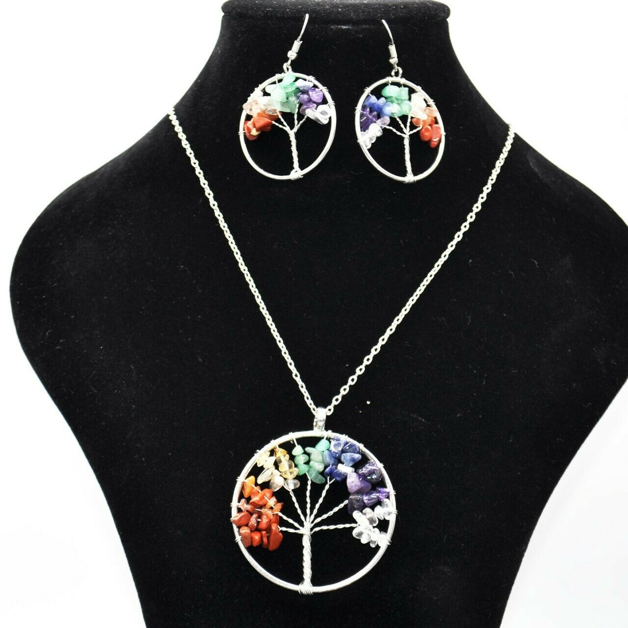 Silver Tone Tree of Life Natural Stone Beads Necklace and Earrings Gift Set UK