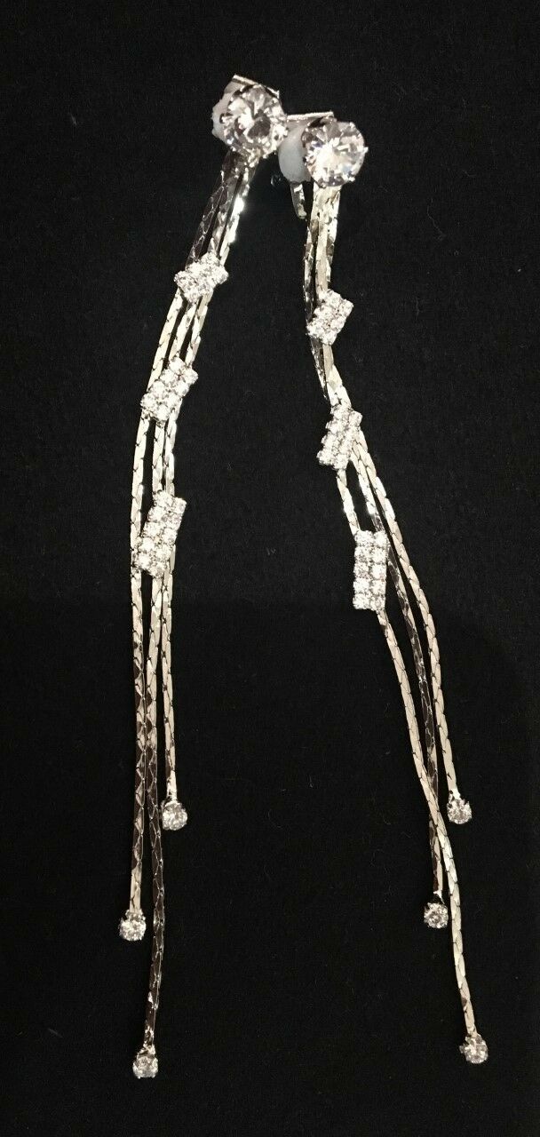 Silver Diamante Long Dangle Tassel Clip On Earrings Crystal Non Pierce UK Gift
