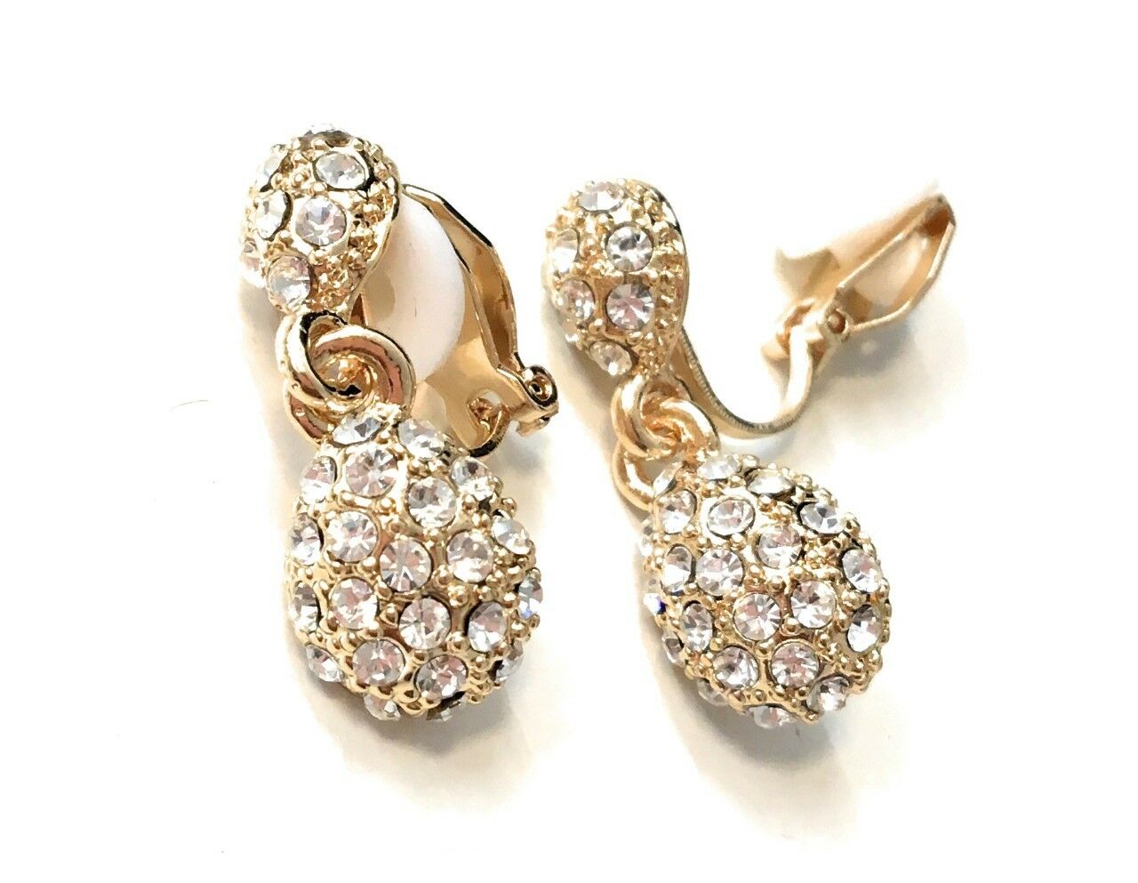 Crystal Teardrop Clip on Earrings Womens Girls Dangle Drop Gatsby Silver or Gold