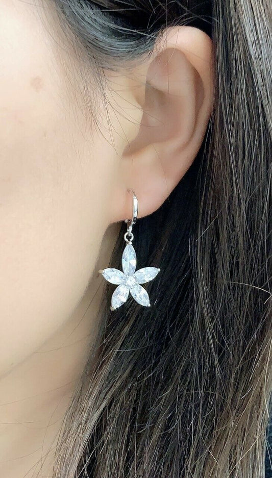 Quality Platinum Silver Plated Flower Zircon Crystal Dangle Drop Earrings Petals