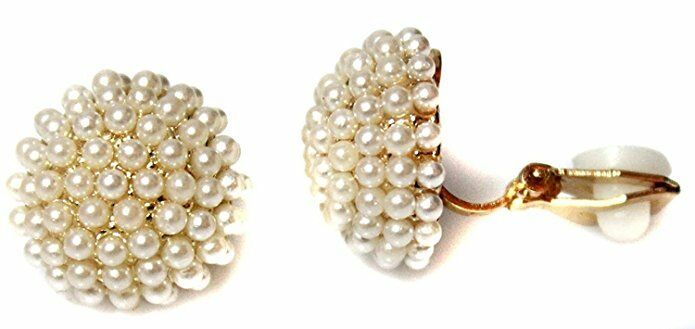 CLIP ON or PIERCED Gold Tone Round Half Ball Pearl Girls Womens Earrings Studs