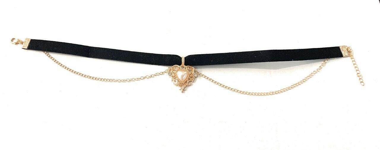 Retro Gothic Black Velvet Choker Necklace Gold Pearl Heart Chain Pendant Drop UK