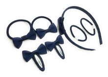 Load image into Gallery viewer, 7 PIECE SCHOOL COLOURS Hair Bow Snap Clips SET ALICE BAND Headband PonyTail