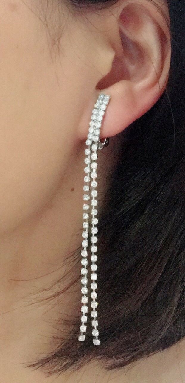 CLIP ON 3.2" Long RHINESTONE Sparkly Tassel Earrings Diamante Chandelier 8.5cm