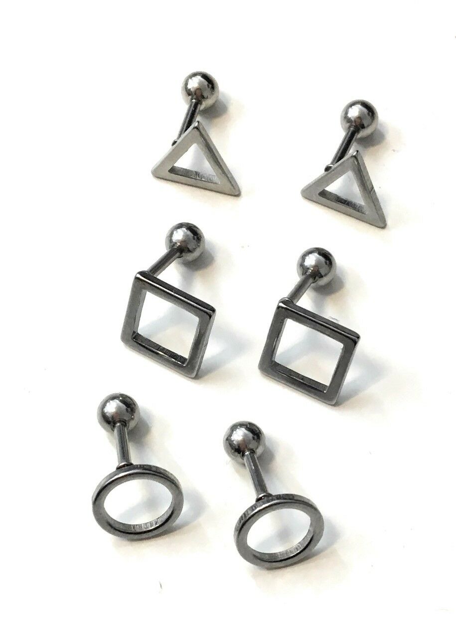 Mens Stainless Steel Earrings Studs - Screw On Geometric Designs Black or Silver