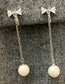 High Quality Silver Zircon Crystal Bow Shell Pearl Drop Dangle Clip On Earrings