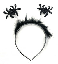 Load image into Gallery viewer, Black Feather Tinsel Spider / Bat Antennae Boppers Halloween Party Headband UK