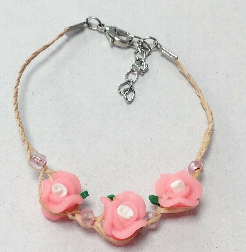 Girls Kids Adjustable Bracelet Clay Rose Stone Beads Glass Cherry Charm Fruit