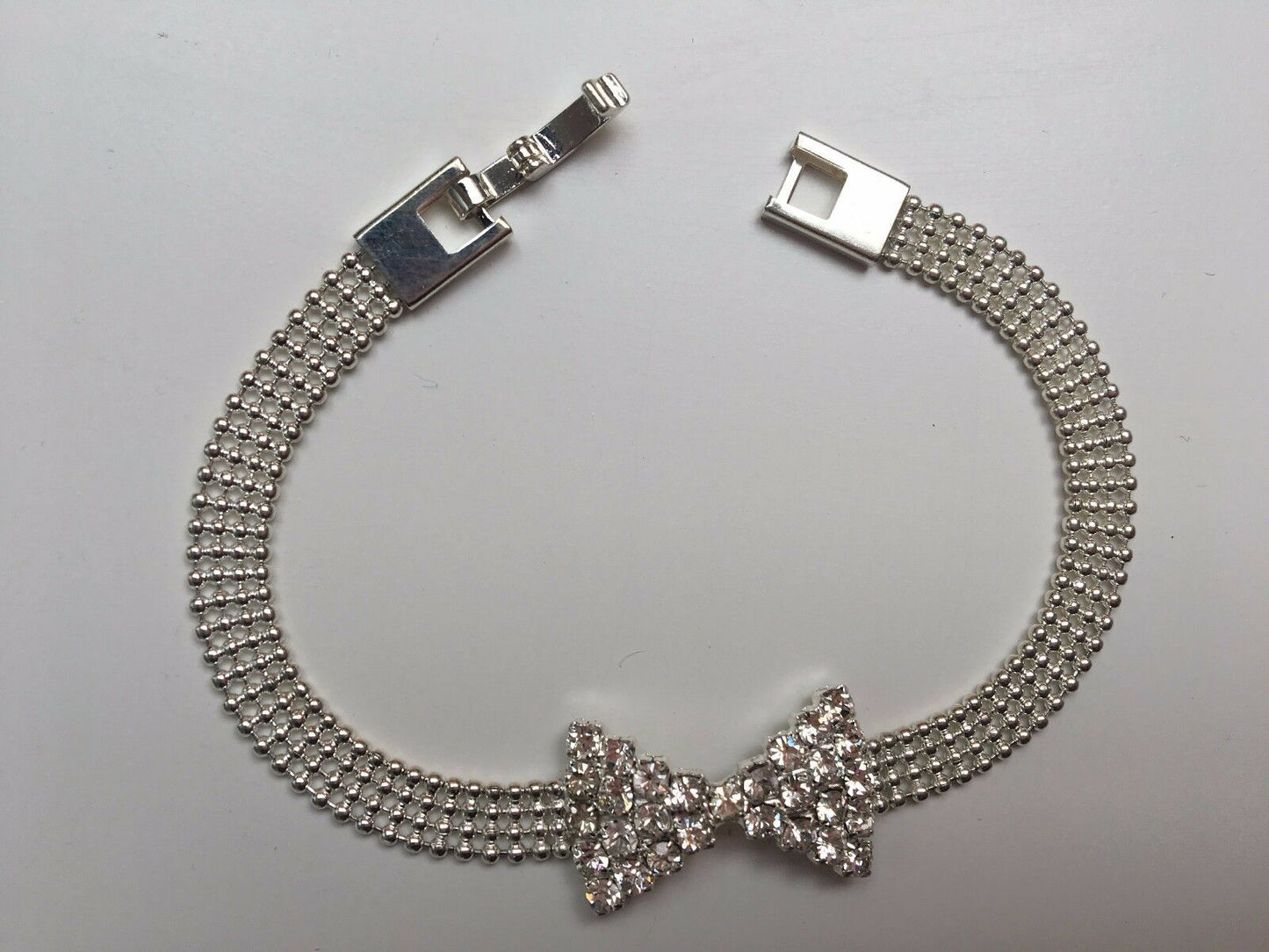 Silver Bridal Sparkly Crystal Bow Bracelet Chain