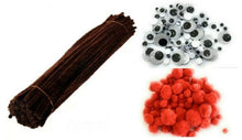 Load image into Gallery viewer, 300 Brown Pipe Cleaners Chenille Stems Red Pom Poms Googly Eyes Pack Rudolph Set