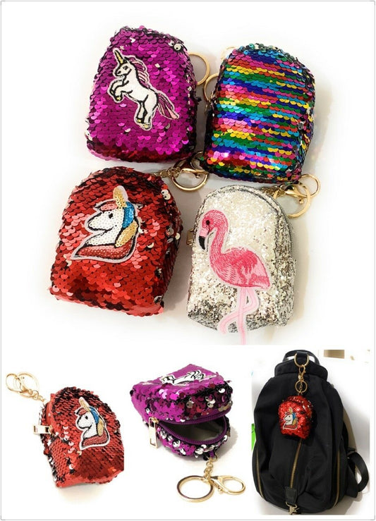 Sequin Unicorn Coin Purse Pouch Mini Backpack Bag Charm Keychain Wallet Girls UK