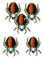 Load image into Gallery viewer, 5 x Large Blue Orange Spiders Halloween Paper 3D Hanging Decorations UK