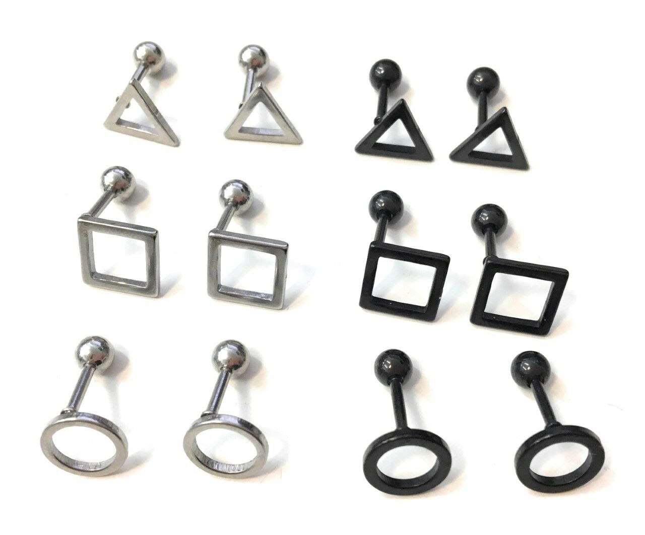 Mens Stainless Steel Earrings Studs - Screw On Geometric Designs Black or Silver