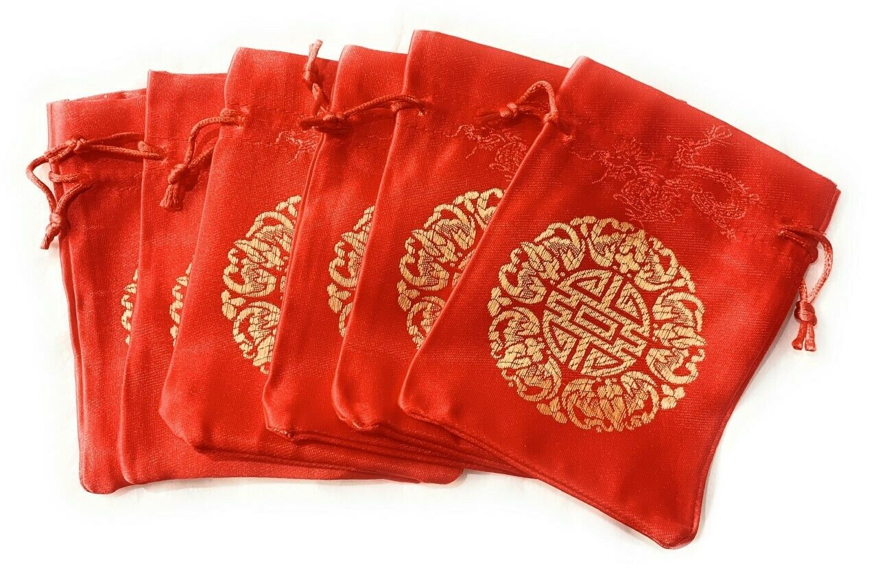 6 x Chinese Red Jewellery Drawstring Bag Wedding Favour Pouches Gift Bags Set UK
