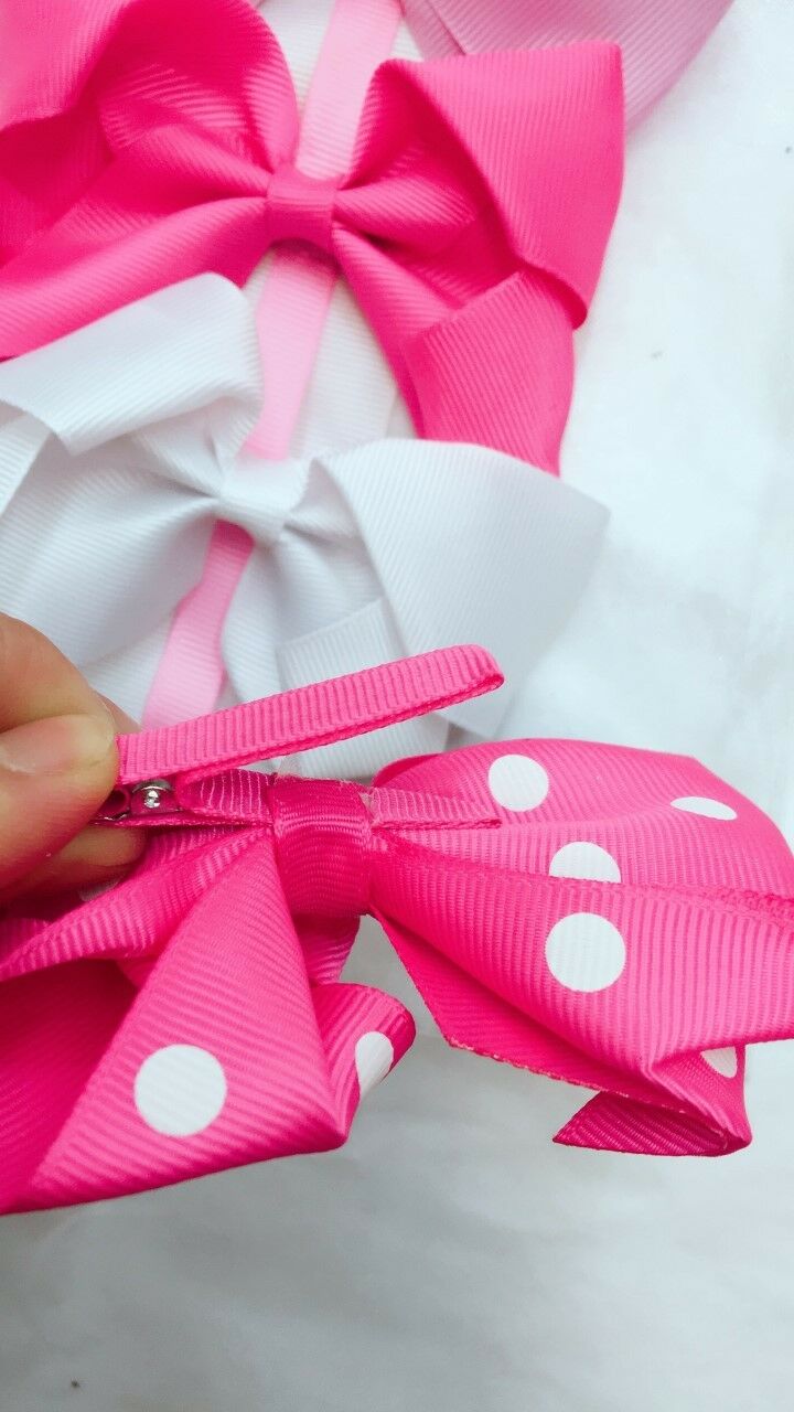 7 Girls Polka Dot Pink White Navy Big Hair Bow Set with Bow Holder & Gift Bag