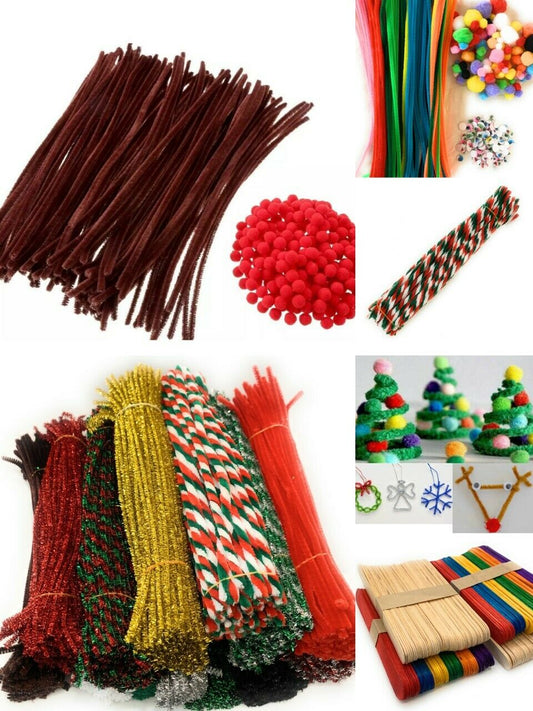 Christmas Craft - Striped Pipe Cleaners Tinsel Pom Poms Googly Eyes Rudolph Set