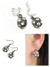 Load image into Gallery viewer, Metallic Grey Shamballa Disco Ball Dangle Drop Crystal Earrings CLIP ON Pierced