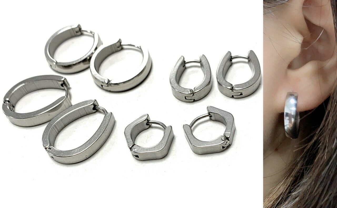 PAIR Cuff Huggie Hoop Earrings Silver Surgical Stainless Steel MENS WOMENS UK