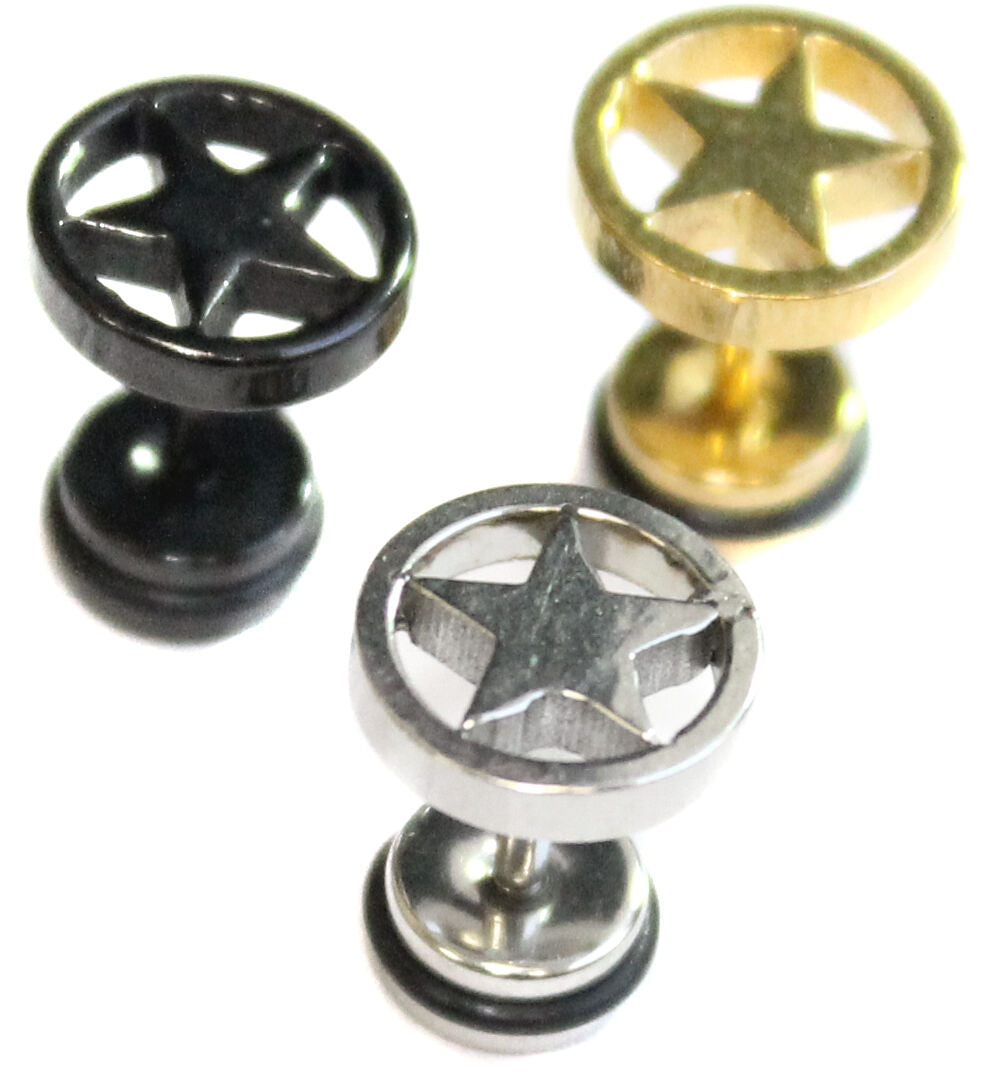 PAIR Mens Star Surgical Stainless Steel Faker Plug Stretcher Stud Earrings