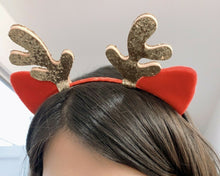 Load image into Gallery viewer, Girls Red Cat Ear Gold Glittery Reindeer Antlers Christmas Deer Ears Headband