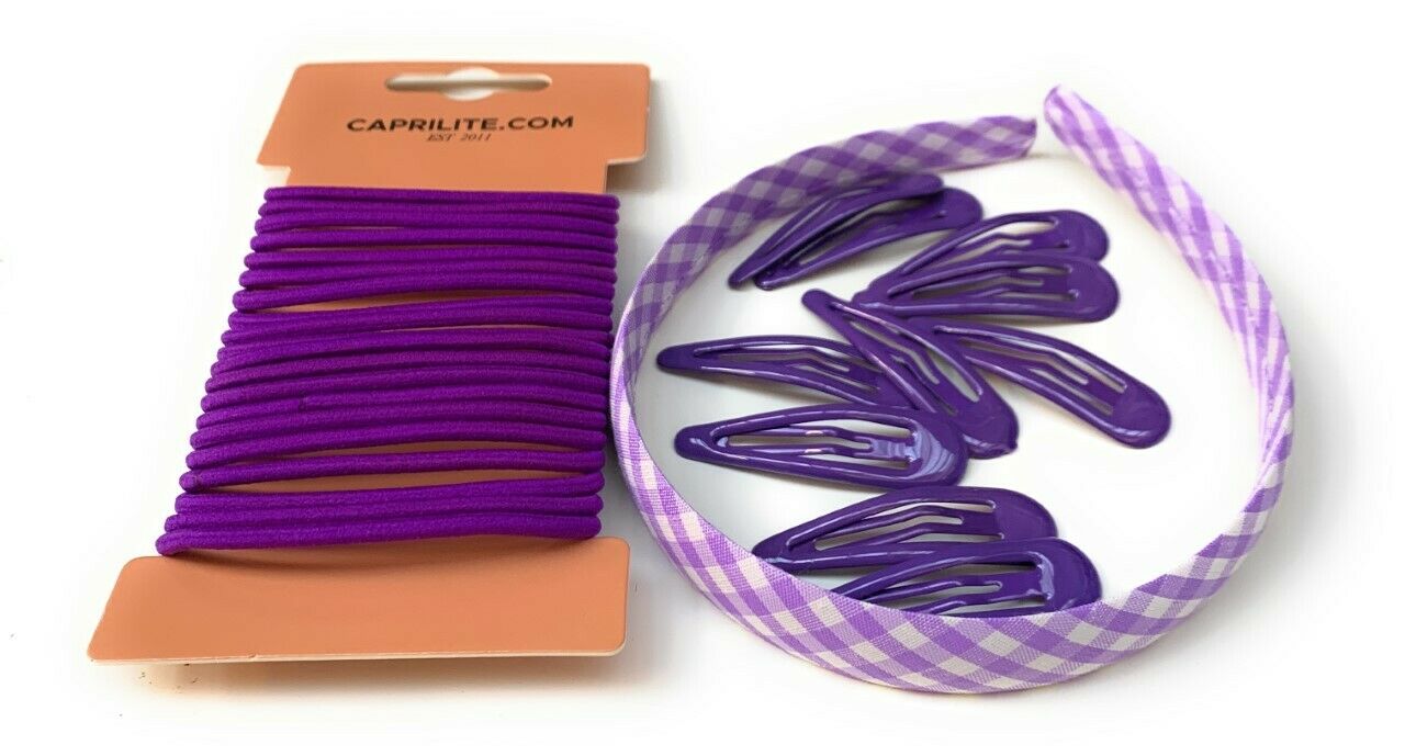 Mega School Hair Accessories Bundle Set - Gingham Checked Headband Clips Bobbles Purple