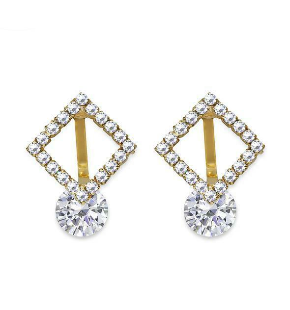 Girls Gold Brilliant Cut Zircon Drop Crystal Square CLIP ON Earrings Stud Studs