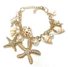 Load image into Gallery viewer, Gold Sea Shell Faux Pearl Beads Starfish Charms Statement Bracelet Chain Gift UK