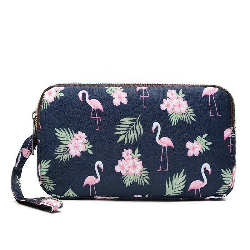 Pink Flamingo Fun PVC Canvas Wallet Purse Pouch Triple Zip w/ Wrist Strap Wristlet Clutch Bag