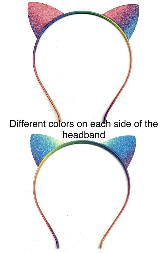 Girls Rainbow Colourful Glittery Ears Cat Ear Party Headband Sparkly Pink Blue