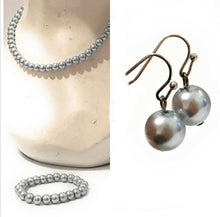 Load image into Gallery viewer, Silver Grey Faux Pearl Necklace Bracelet Earrings Wedding Bridal Jewellery Set