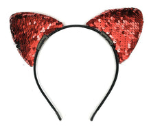 Load image into Gallery viewer, Sequin Girls Cat Ear Headband Satin Hairband Costume Fancy Dress Party Ears UK