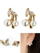 Load image into Gallery viewer, Womens Girls Faux Pearl Cherry Zircon Crystal Gold CLIP ON Earrings Stud Studs