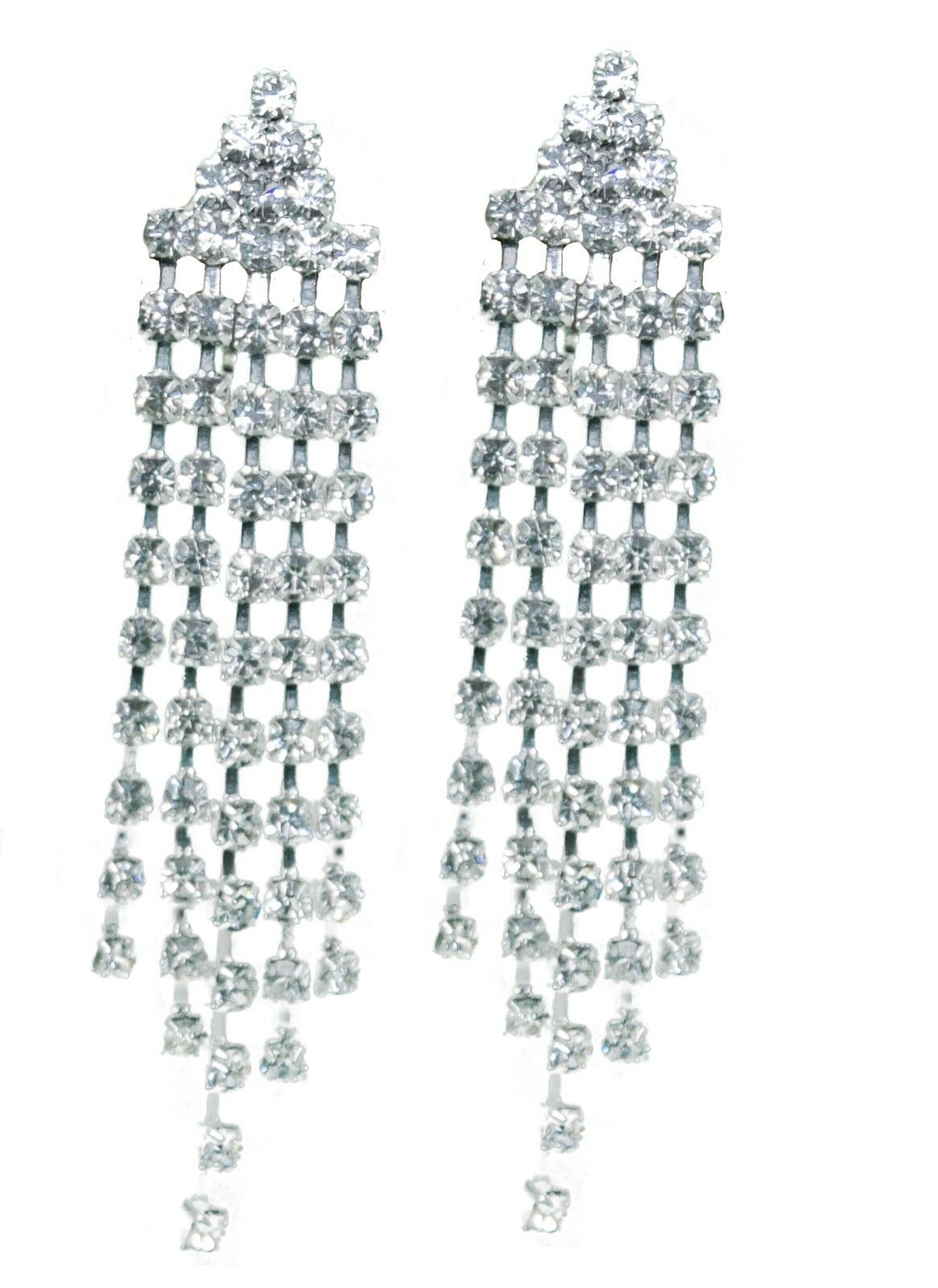 Dangle Drop Clip on Earrings Crystal Women Ladies Clipon Silver Tassle Bridal