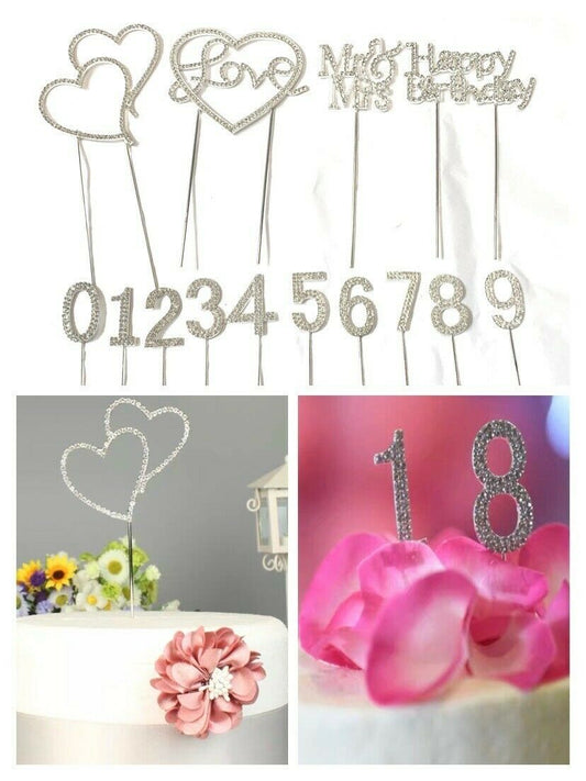 DIAMANTE RHINESTONE CRYSTAL CAKE TOPPER PICK Birthday Number Wedding Love Mr Mrs