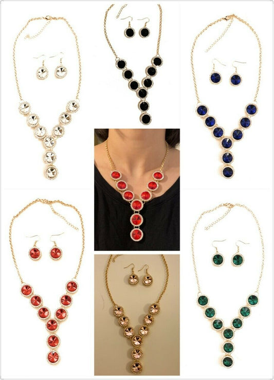 Women Bridal Wedding Prom Party Glass Crystal Bib Necklace Clip On Earrings Set