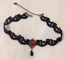 Load image into Gallery viewer, Black Lace Victorian Choker – Red Gem Pendant