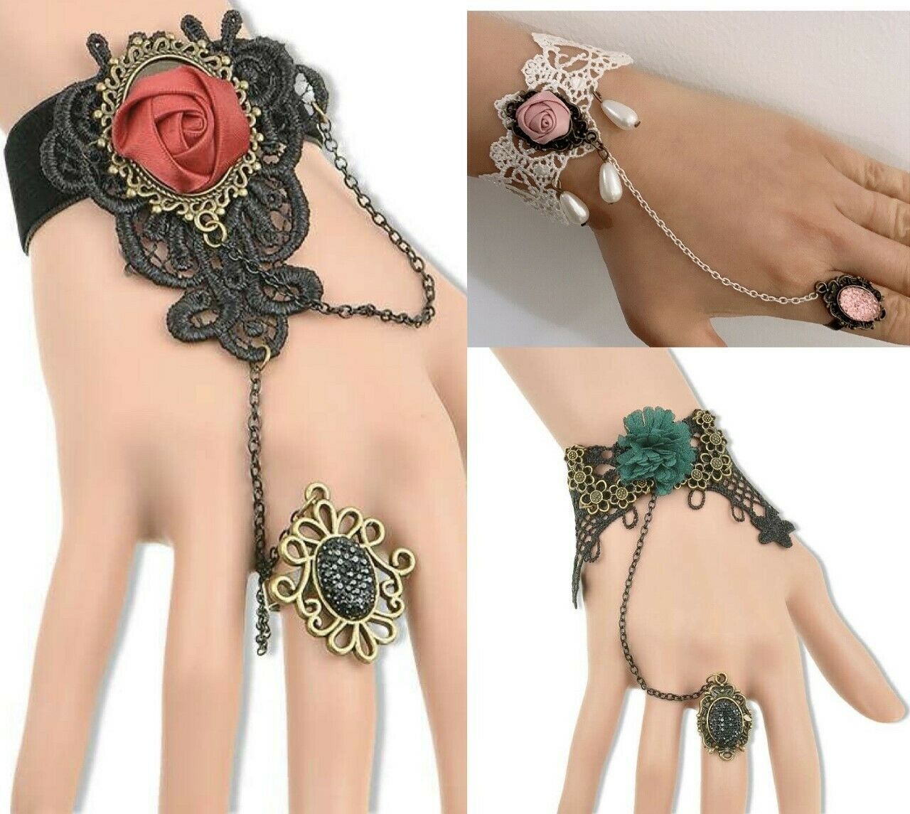 Gothic Retro Vintage Lace Beads Halloween Slave Bracelet Ring Chain Vampire Rose