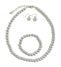 Load image into Gallery viewer, Silver Grey Faux Pearl Necklace Bracelet Earrings Wedding Bridal Jewellery Set